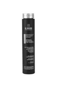 Flacon noir de shampoing K-REINE PROFESSIONNEL Équilibrant Intensif, sans sulfate ni sel, pour racines grasses et longueurs sensibles.