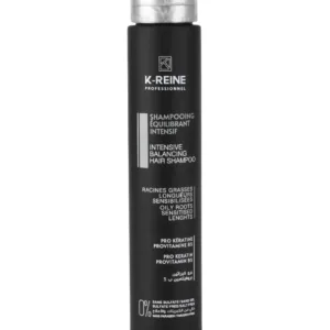 Flacon noir de shampoing K-REINE PROFESSIONNEL Équilibrant Intensif, sans sulfate ni sel, pour racines grasses et longueurs sensibles.