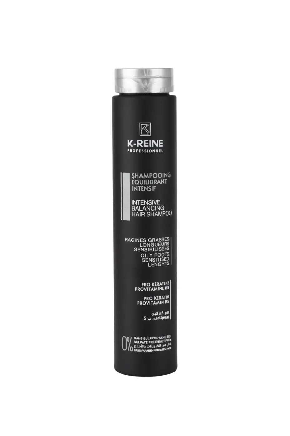 Shampoing K-REINE Équilibrant Intense pour Racines Grasses Flacon noir de shampoing K-REINE PROFESSIONNEL Équilibrant Intensif, sans sulfate ni sel, pour racines grasses et longueurs sensibles.