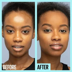 Comparaison Avant/Après sur une peau foncée : la peau après application du primer est visiblement mate et lisse.