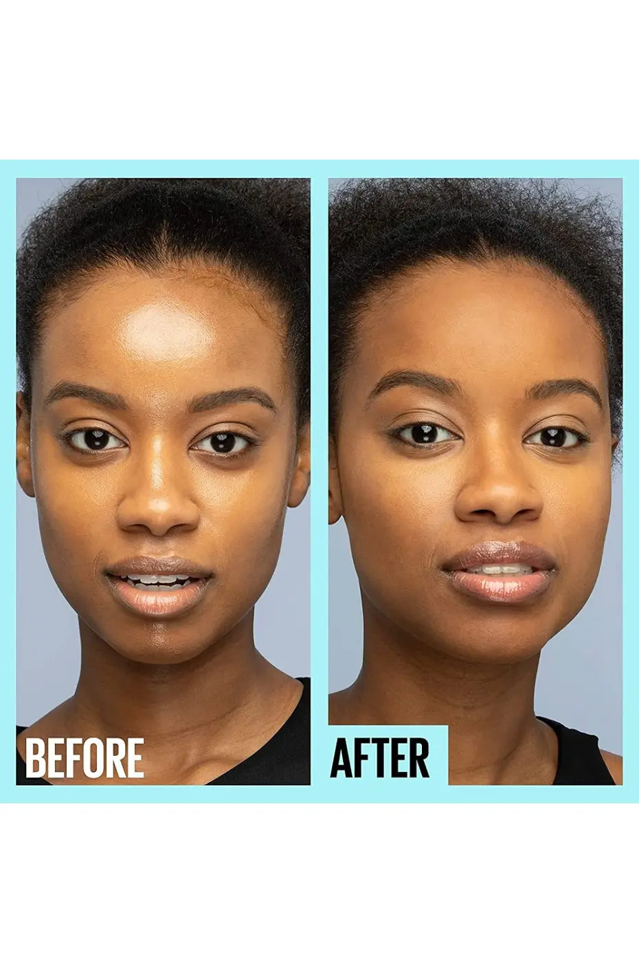 Teint Mat : Le Fit Me Primer Maybelline Avant/Après Comparaison Avant/Après sur une peau foncée : la peau après application du primer est visiblement mate et lisse.