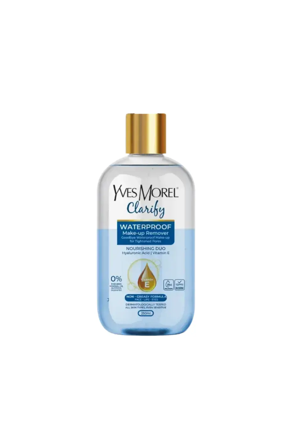 Yves Morel Clarify Démaquillant Waterproof - Duo Nourrissant Démaquillant biphasé Yves Morel Clarify waterproof à l'Acide Hyaluronique et Vitamine E pour maquillage tenace et pores. 250ml.