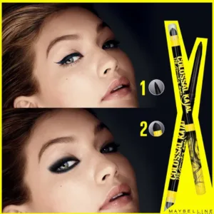 Démonstration de l'eyeliner Colossal Kajal Extra Black. Look 1 : Trait fin. Look 2 : Smoky eye estompé.