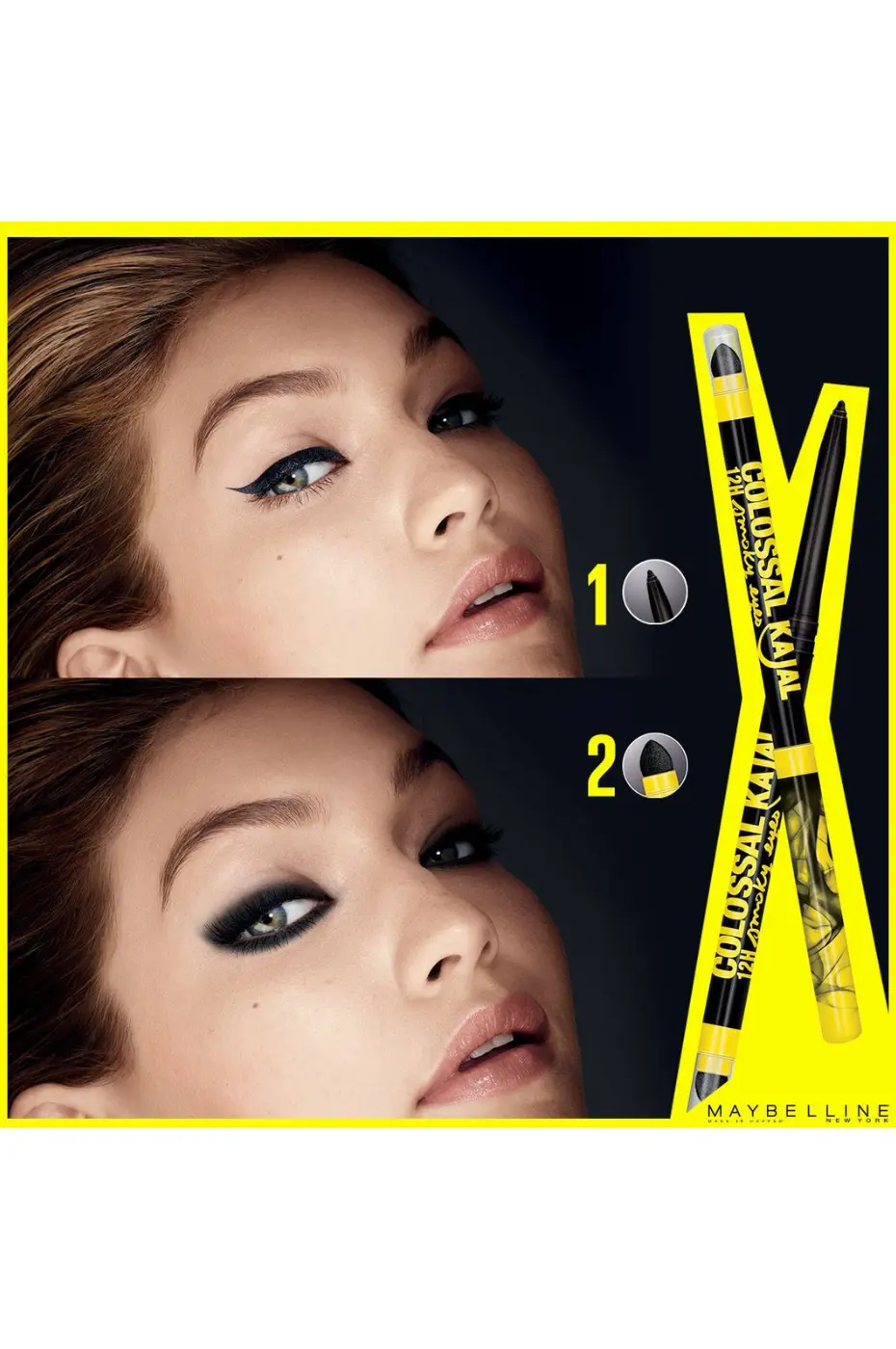 2 Looks avec le Colossal Kajal : Wing et Smoky Eye Démonstration de l'eyeliner Colossal Kajal Extra Black. Look 1 : Trait fin. Look 2 : Smoky eye estompé.