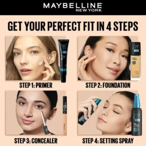 Guide 4 étapes Maybelline Fit Me : Primer, Fond de Teint, Correcteur (Concealer) et Spray fixateur pour un teint parfait.