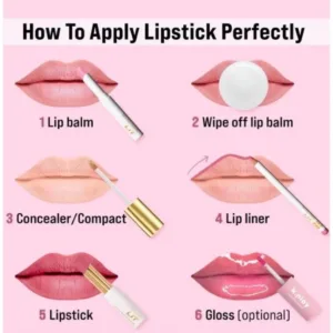 Infographie en 6 étapes pour appliquer parfaitement le rouge à lèvres : baume, essuyage, correcteur, crayon contour, rouge à lèvres, gloss.