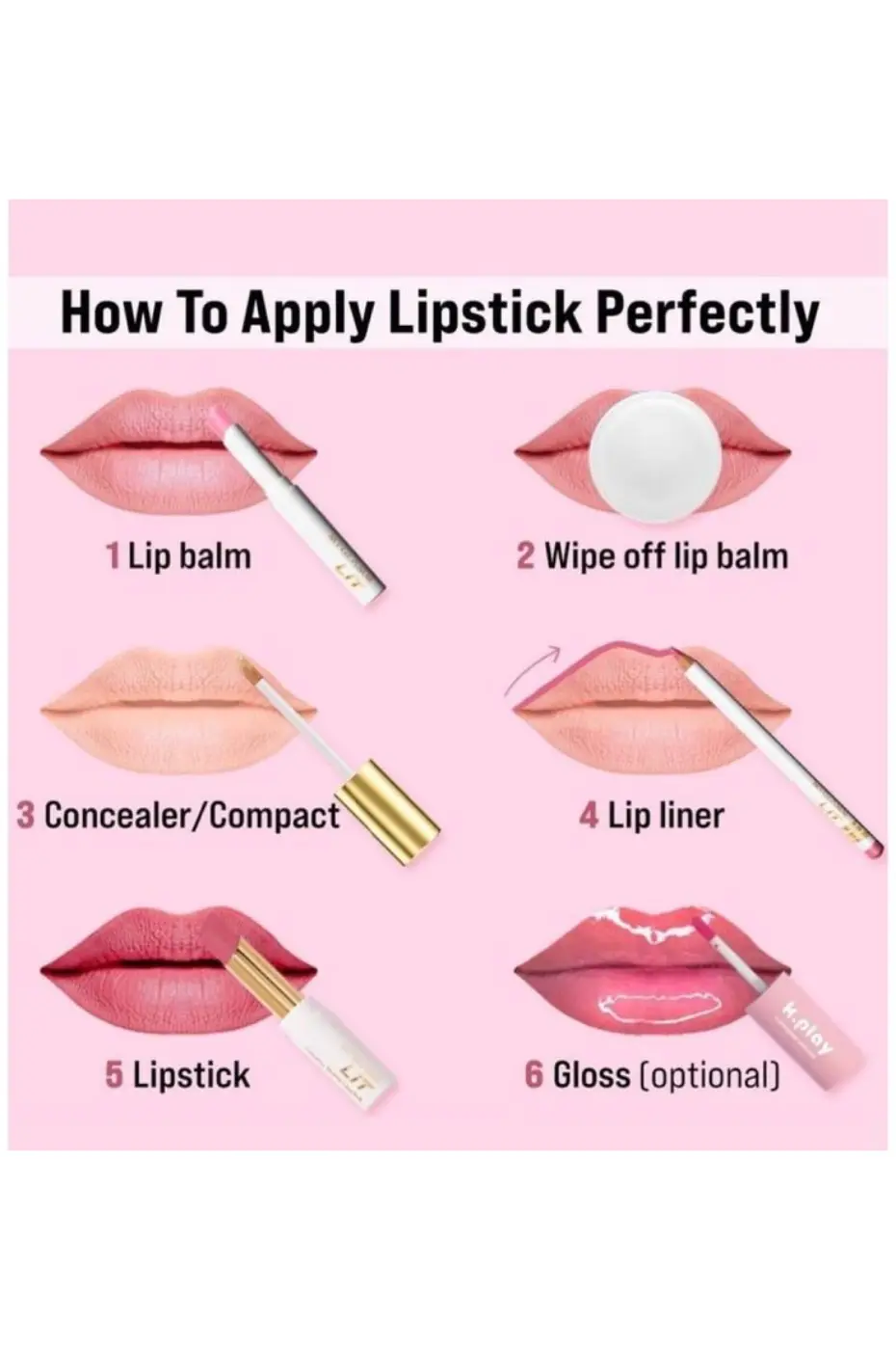 6 Étapes pour Appliquer le Rouge à Lèvres Parfaitement Infographie en 6 étapes pour appliquer parfaitement le rouge à lèvres : baume, essuyage, correcteur, crayon contour, rouge à lèvres, gloss.