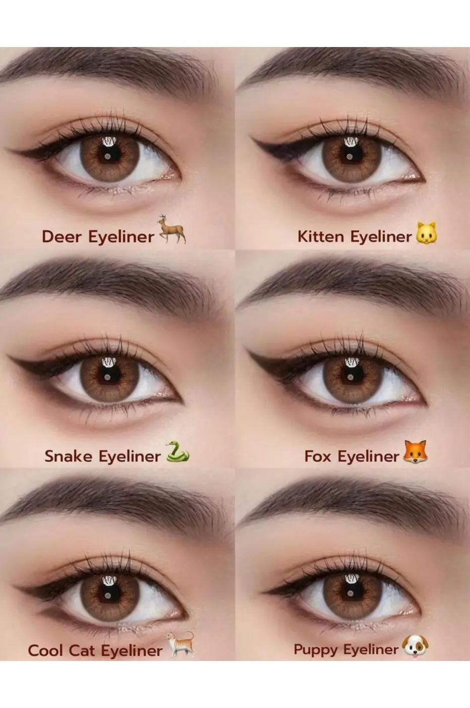 6 Styles d’Eyeliner Infographie de 6 styles d'eyeliner inspirés d'animaux : Deer, Kitten, Snake, Fox, Cool Cat et Puppy Eyeliner.