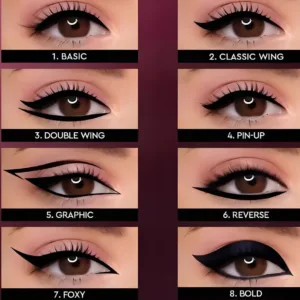 Image tutorielle montrant 8 looks d'eyeliner, incluant Basic, Classic Wing, Double Wing, Pin-Up, Graphic, Reverse, Foxy et Bold.