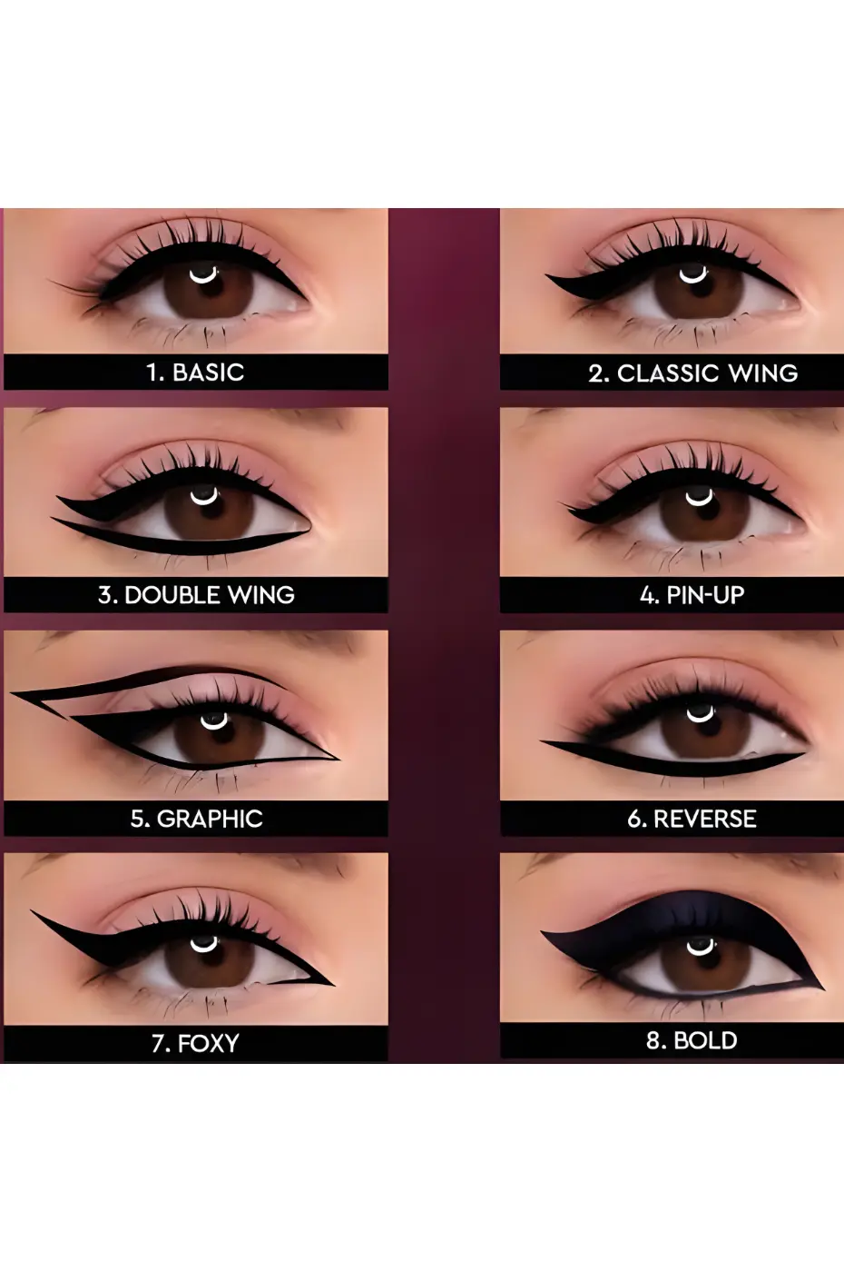 8 Styles d’Eyeliner : du Basique à l’Audacieux Image tutorielle montrant 8 looks d'eyeliner, incluant Basic, Classic Wing, Double Wing, Pin-Up, Graphic, Reverse, Foxy et Bold.