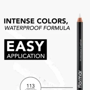 Crayon eyeliner Flormar Waterproof N° 113 Pure White, affichant les promesses : couleurs intenses, formule waterproof, application facile.