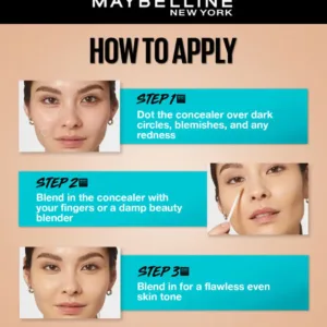 Guide d'application de l'anti-cernes Fit Me en 3 étapes : 1. Appliquer sur les cernes et rougeurs. 2. Estomper au doigt/éponge. 3. Fini unifié.