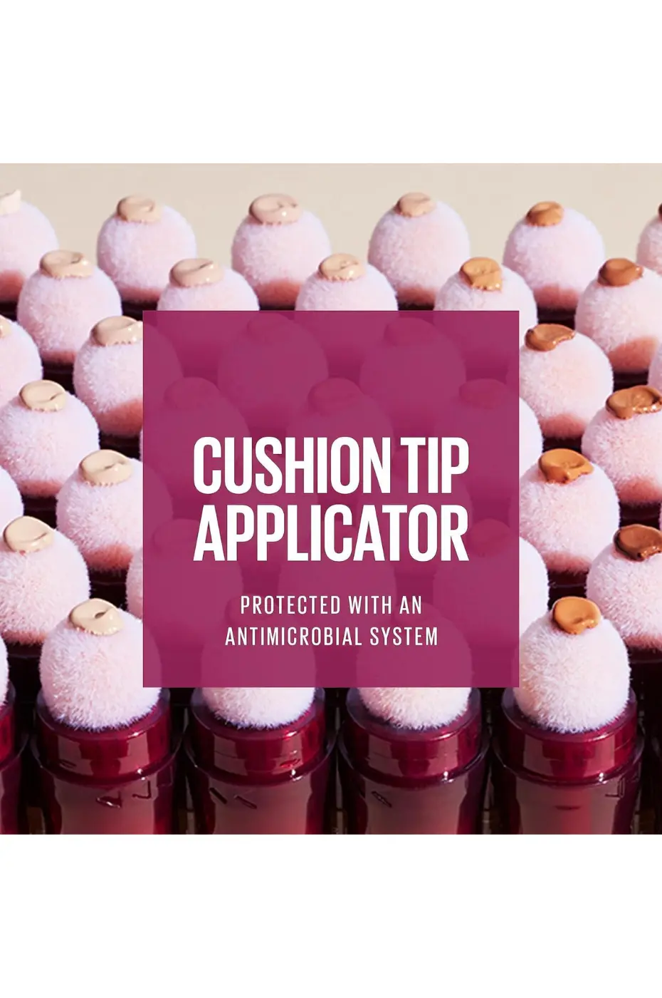 Applicateur Coussin Antimicrobien Maybelline Concealer Gros plan sur l'applicateur coussin (Cushion Tip Applicator) du correcteur Maybelline, protégé par un système antimicrobien.