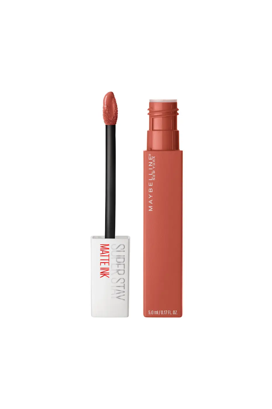 Applicateur et Teinte Nude Rouge à lèvres liquide Maybelline Super Stay Matte Ink N°70 ouvert, avec l'applicateur saturé de produit, couleur nude terre cuite.