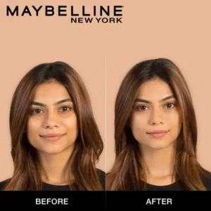 Image avant/après du correcteur Maybelline Fit Me sur une femme. À gauche (avant), cernes visibles. À droite (après), teint unifié et lumineux.