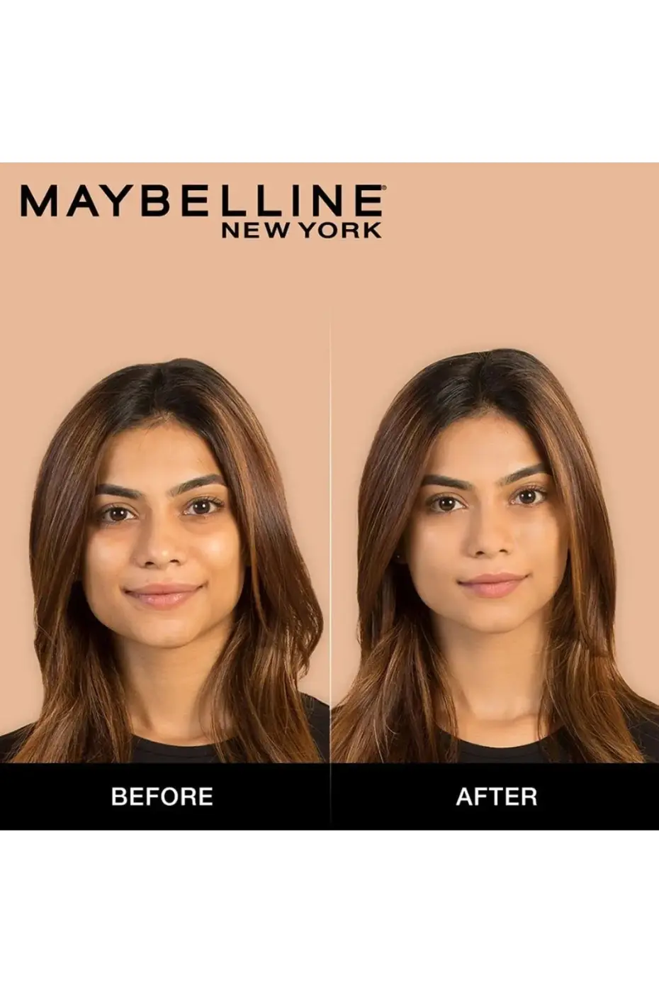 Avant/Après Fit Me : La Magie d’un Teint Unifié Image avant/après du correcteur Maybelline Fit Me sur une femme. À gauche (avant), cernes visibles. À droite (après), teint unifié et lumineux.