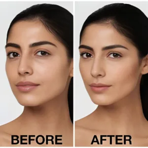 Comparaison avant et après maquillage avec correcteur Maybelline, montrant un teint plus uniforme et des traits mis en valeur.