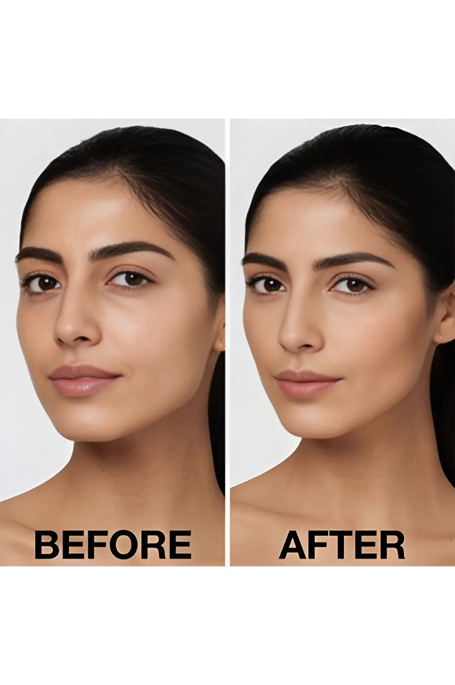 Avant et Après Application Comparaison avant et après maquillage avec correcteur Maybelline, montrant un teint plus uniforme et des traits mis en valeur.