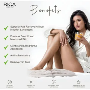 Modèle détendu montrant une peau lisse. Liste des bénéfices de la cire RICA : douceur, moins de douleur, peau nourrie.