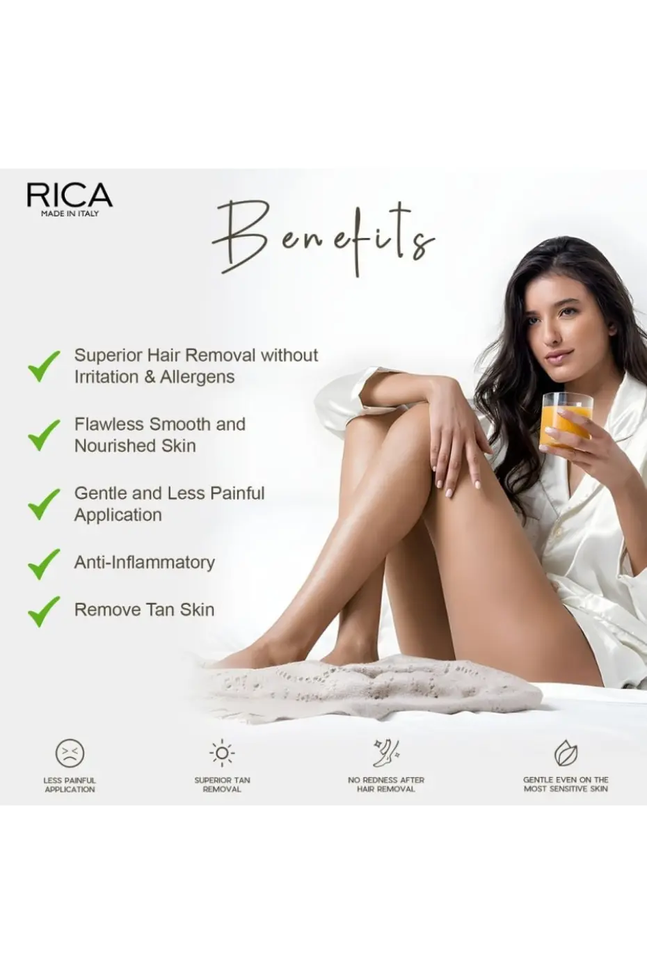 Bénéfices de l’Épilation RICA Modèle détendu montrant une peau lisse. Liste des bénéfices de la cire RICA : douceur, moins de douleur, peau nourrie.