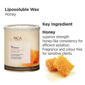 Boîte de cire liposoluble Rica au Miel, 800 ml, sans parfum ni colorant, avec photo de rayons de miel.