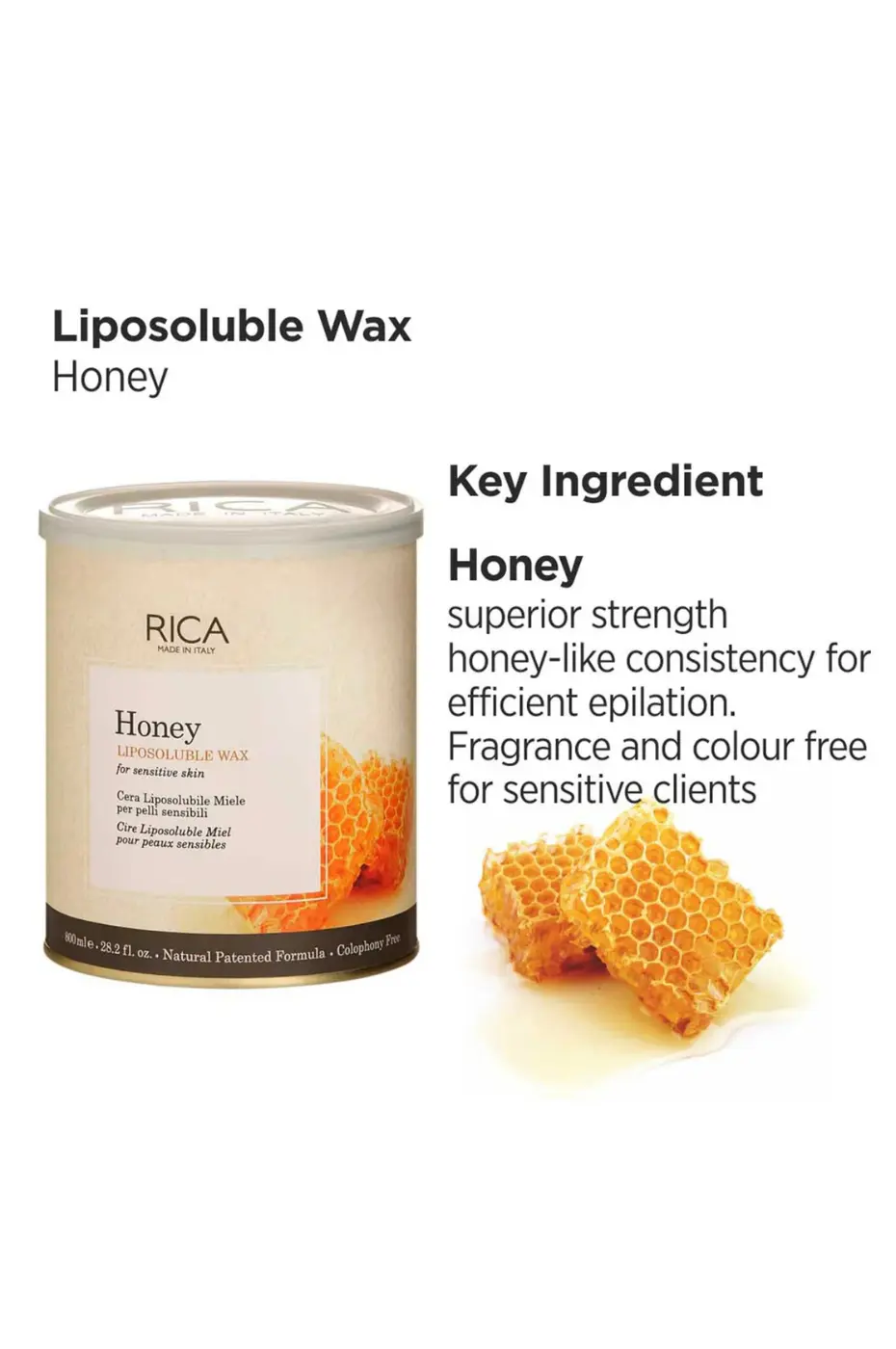 Cire Miel Liposoluble pour Peaux Sensibles Boîte de cire liposoluble Rica au Miel, 800 ml, sans parfum ni colorant, avec photo de rayons de miel.