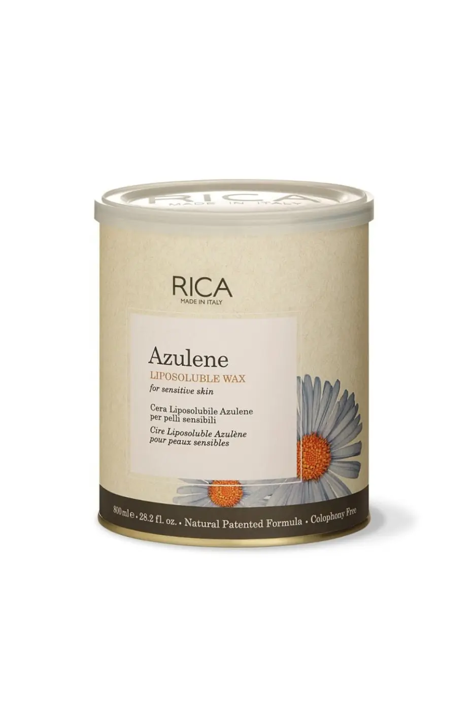 Cire RICA Azulene pour Peaux Sensibles Pot de cire Azulene RICA 800ml. Formule liposoluble pour une épilation douce et naturelle. Fabriqué en Italie.