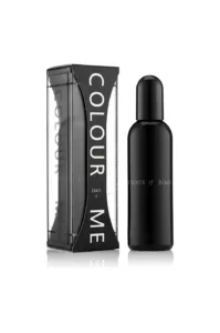 Bouteille et emballage du parfum pour homme Colour Me Black de 100 ml. Design noir et élégant pour une fragrance affirmée.