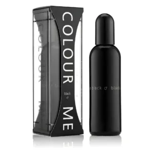 Bouteille et emballage du parfum pour homme Colour Me Black de 100 ml. Design noir et élégant pour une fragrance affirmée.