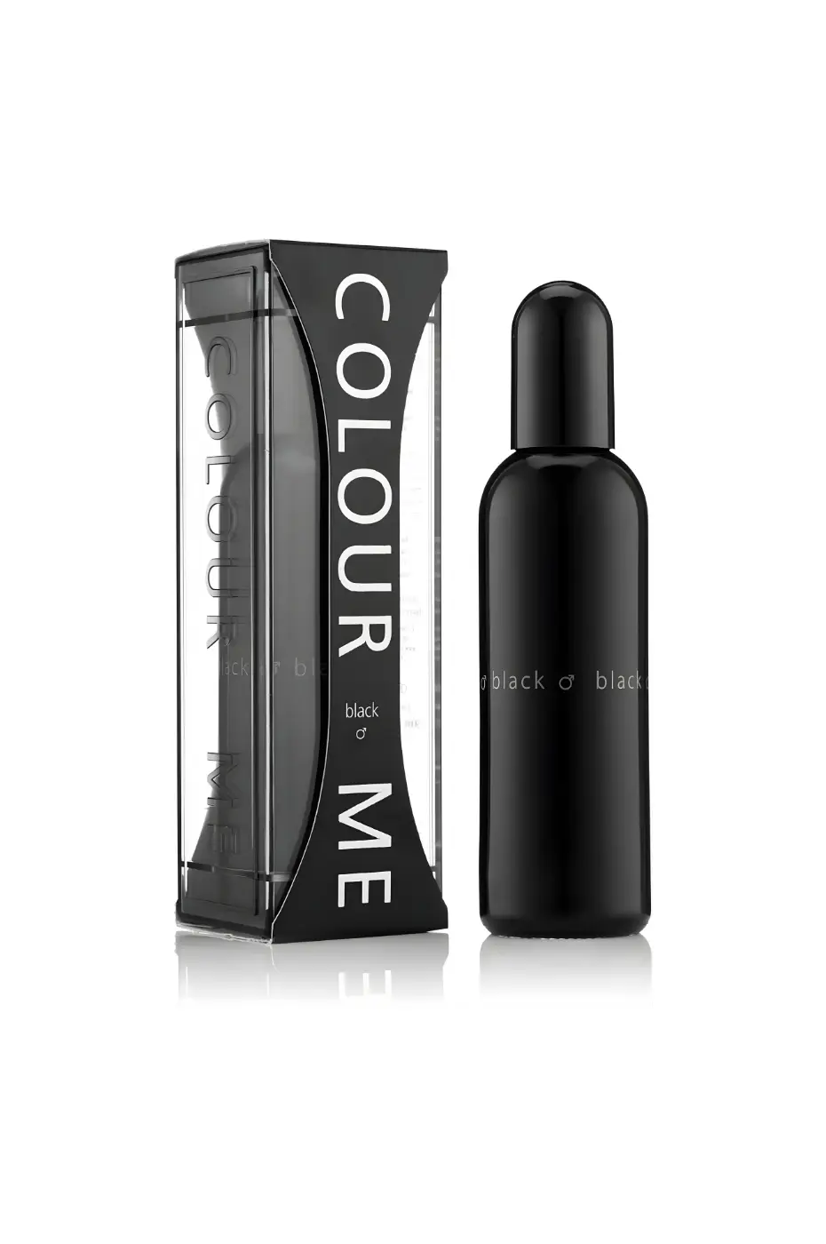 Colour Me Black Bouteille et emballage du parfum pour homme Colour Me Black de 100 ml. Design noir et élégant pour une fragrance affirmée.
