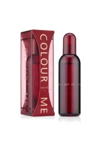 Flacon et emballage du parfum Colour Me Dark Red unisexe. Eau de Parfum rouge profond 100ml. Senteur intense et moderne.