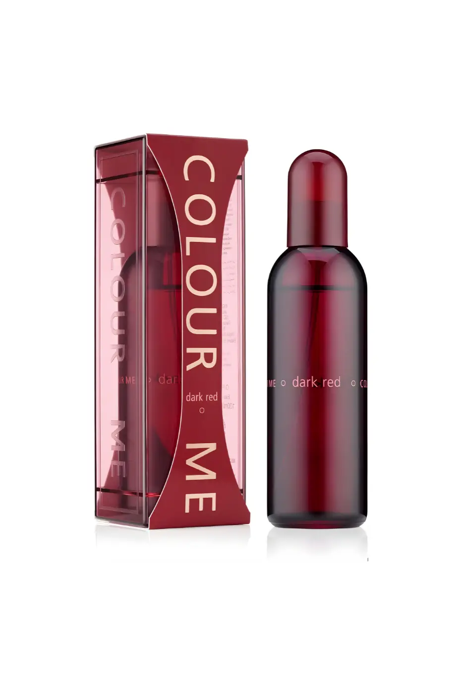 Colour Me Dark Red Flacon et emballage du parfum Colour Me Dark Red unisexe. Eau de Parfum rouge profond 100ml. Senteur intense et moderne.