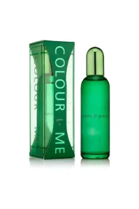Flacon et boîte du parfum Colour Me Green pour homme. Bouteille en verre vert avec capuchon métallique. Fragrance fraîche et puissante.
