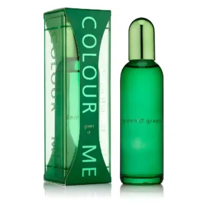 Flacon et boîte du parfum Colour Me Green pour homme. Bouteille en verre vert avec capuchon métallique. Fragrance fraîche et puissante.