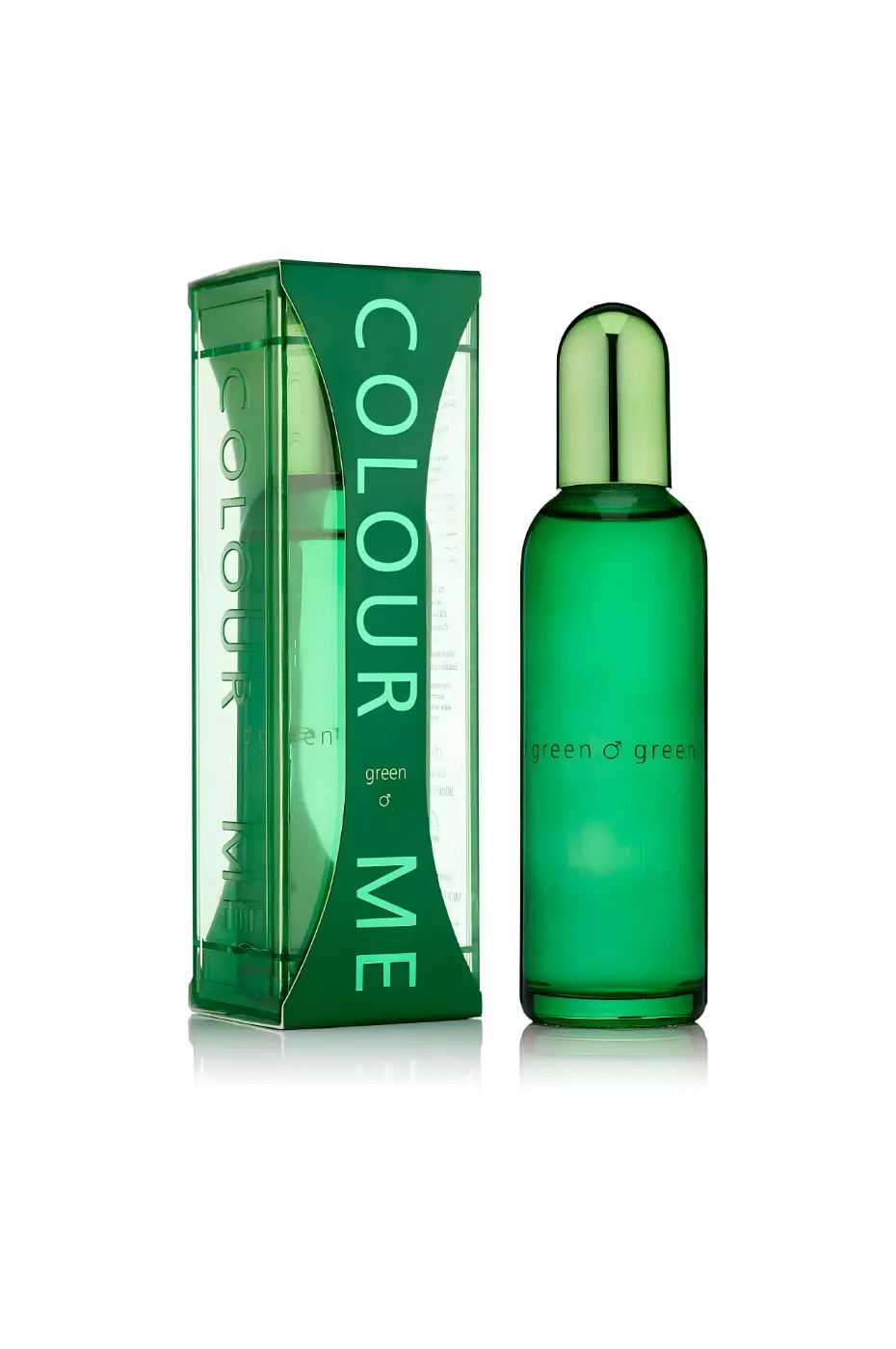Colour Me Green Flacon et boîte du parfum Colour Me Green pour homme. Bouteille en verre vert avec capuchon métallique. Fragrance fraîche et puissante.