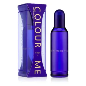 Bouteille et boîte du parfum Colour Me Indigo pour femme, un Eau de Parfum bleu intense de 100 ml.
