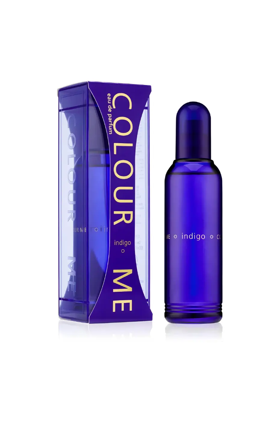 Colour Me Indigo Bouteille et boîte du parfum Colour Me Indigo pour femme, un Eau de Parfum bleu intense de 100 ml.