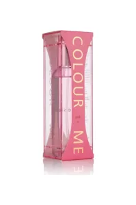 Flacon de parfum Colour Me Pink pour femme, Eau de Parfum 100ml, dans un emballage rose transparent.