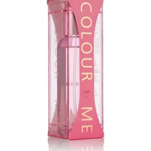 Flacon de parfum Colour Me Pink pour femme, Eau de Parfum 100ml, dans un emballage rose transparent.