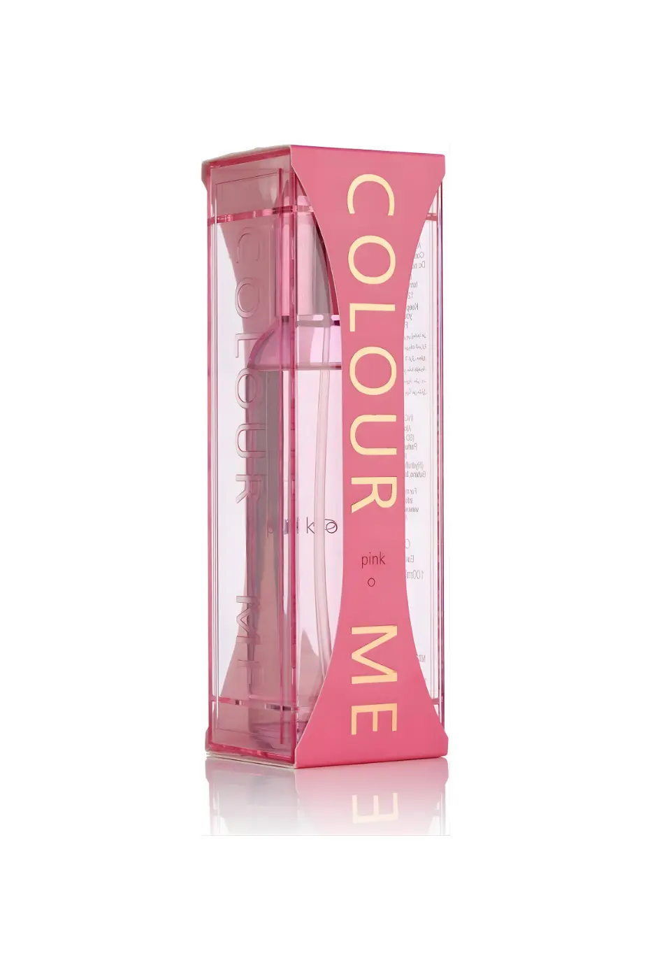 Colour Me Pink Flacon de parfum Colour Me Pink pour femme, Eau de Parfum 100ml, dans un emballage rose transparent.