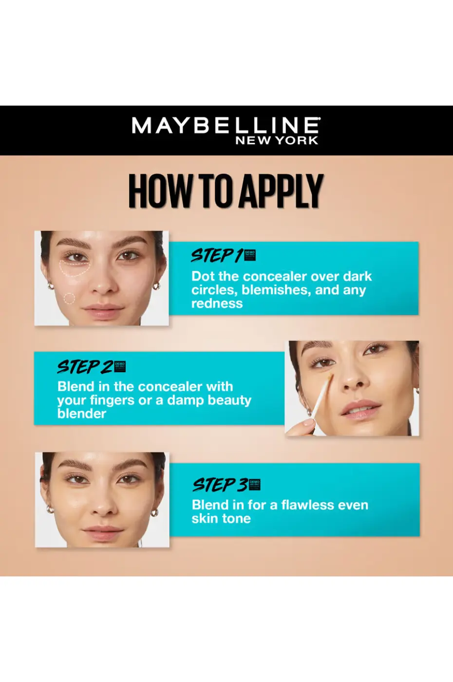 Comment Appliquer le Correcteur Infographie en 3 étapes : Mode d'application du Correcteur Maybelline Fit Me pour un teint uniforme et sans défaut.