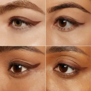 Application de l'eyeliner marron foncé sur 4 modèles, démontrant la teinte sur différentes carnations et couleurs d'yeux.