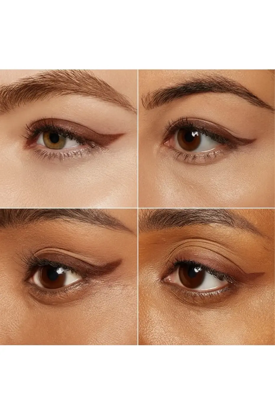 Couleur qui Sublime les Regards Application de l'eyeliner marron foncé sur 4 modèles, démontrant la teinte sur différentes carnations et couleurs d'yeux.