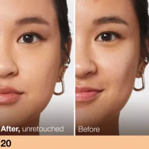 Image avant/après du correcteur Maybelline Fit Me teinte 20 sur une femme. À droite (avant), la peau est moins uniforme. À gauche (après, non retouchée), le teint est lissé.