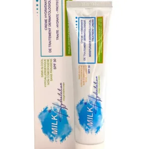 Tube de crème hydratante Naturalabo Hydralabo SPF30 sur fond bleu avec éclaboussures blanches, pour peaux sensibles et sèches