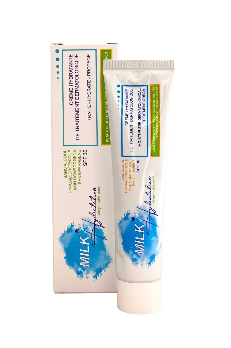 Crème Hydralabo SPF30 (50 ml) – Hydratation Peaux Sensibles Tube de crème hydratante Naturalabo Hydralabo SPF30 sur fond bleu avec éclaboussures blanches, pour peaux sensibles et sèches