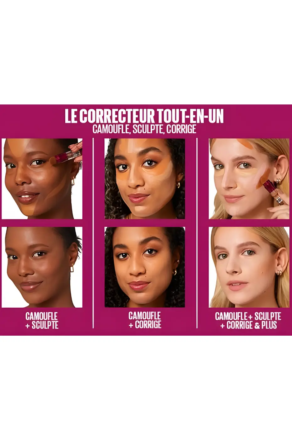 Démonstration multi-usage Trois femmes démontrent l’application du correcteur Maybelline Instant Age Rewind N°07 Sand pour un teint lumineux et naturel.