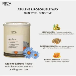 Visuel détaillé Cire RICA Azulene 800ml. Met en avant l'Extrait d'Azulène, l'Huile Végétale et la Cire d'Abeille naturelle.