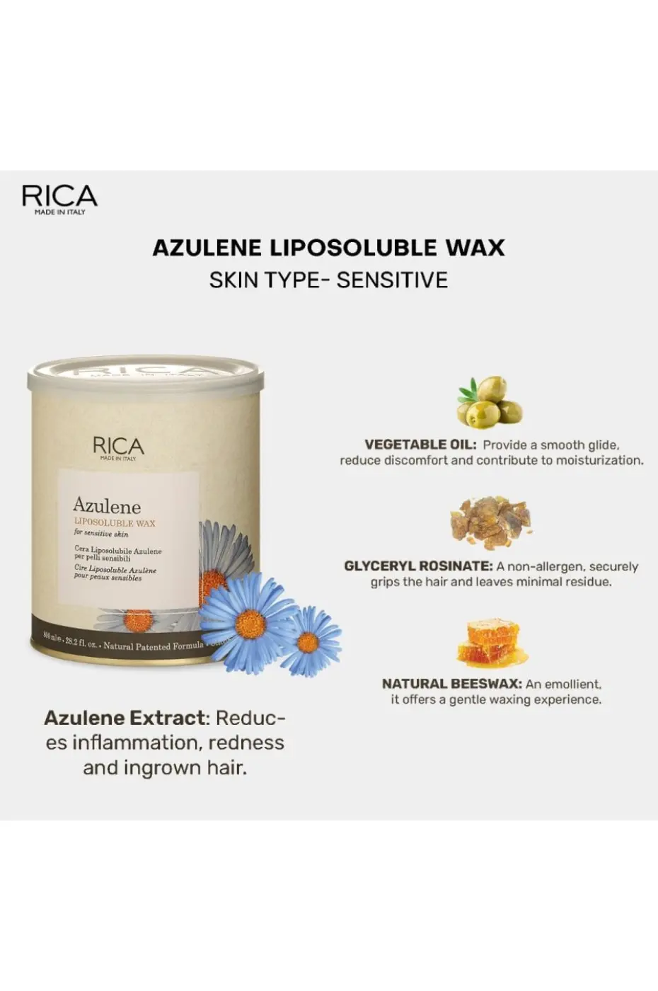 Douceur pour Peaux Sensibles Visuel détaillé Cire RICA Azulene 800ml. Met en avant l'Extrait d'Azulène, l'Huile Végétale et la Cire d'Abeille naturelle.