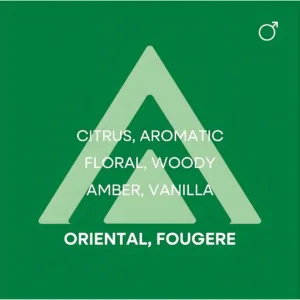 Notes olfactives du parfum pour homme : Hespéridé, Aromatique, Floral, Boisé, Ambré, Vanille. Familles : Oriental, Fougère.